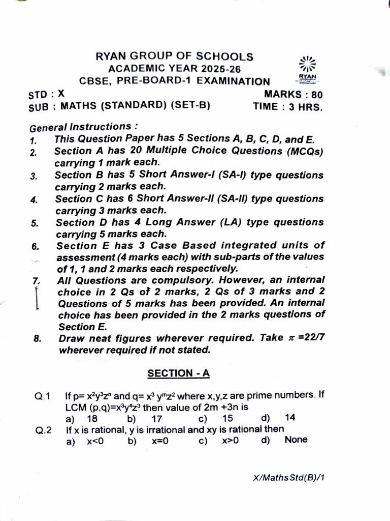Maths Pre Board1 Set B | PDF