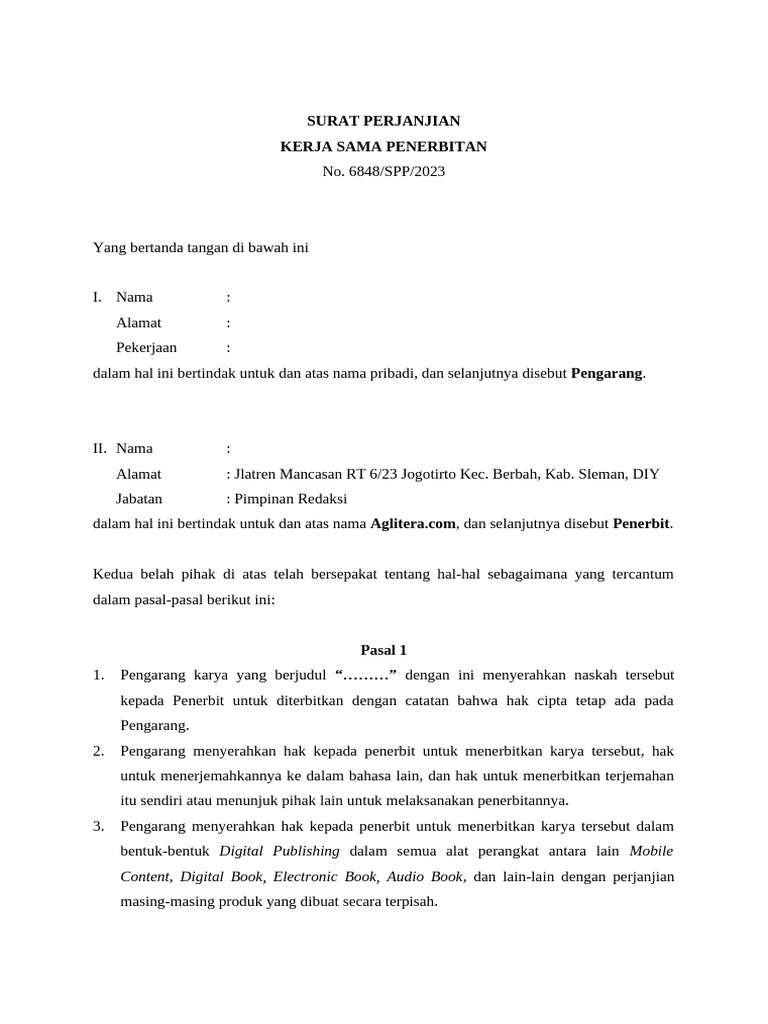 Perjanjian Penerbitan Karya Pengarang | PDF