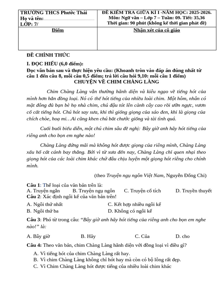 KT Gi A Kì 1 - Chim Chàng Làng | PDF