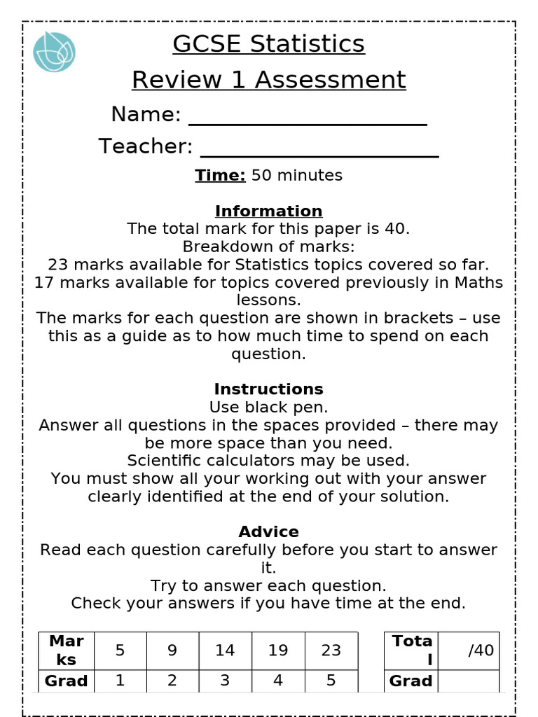 Y10 GCSE Statistics Review 1 Assessment | PDF