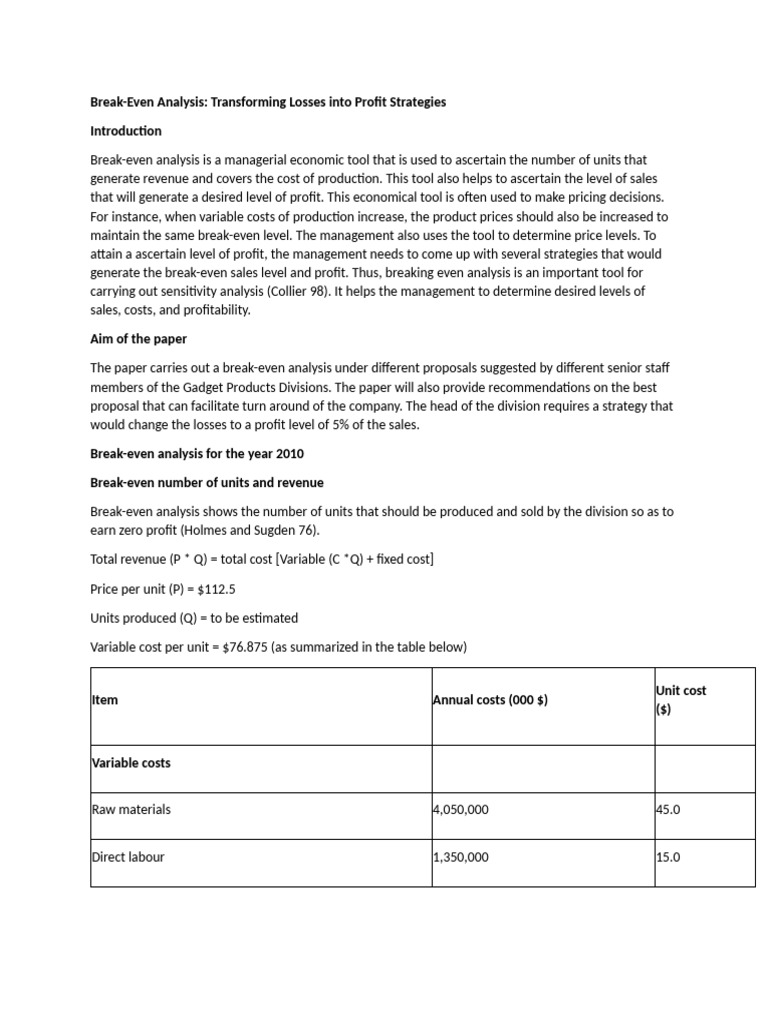Break Even Analysis Transforming Losses into Profit Strategies | PDF ...