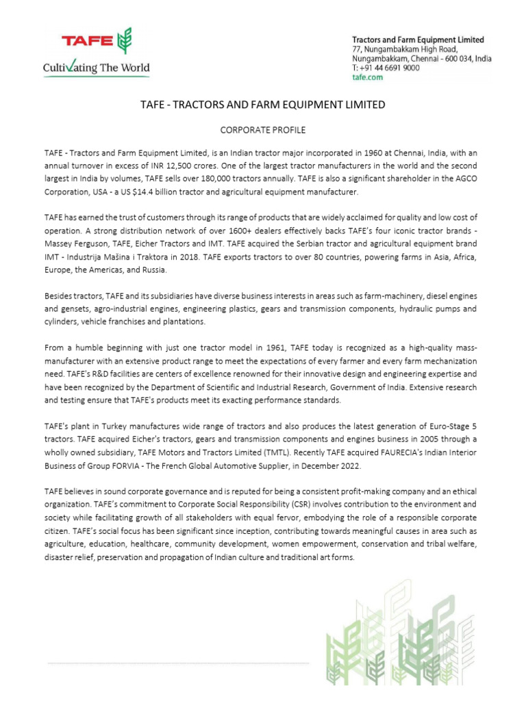 TAFE Corporate Profile | PDF | Agricultural Machinery | Motor Vehicle
