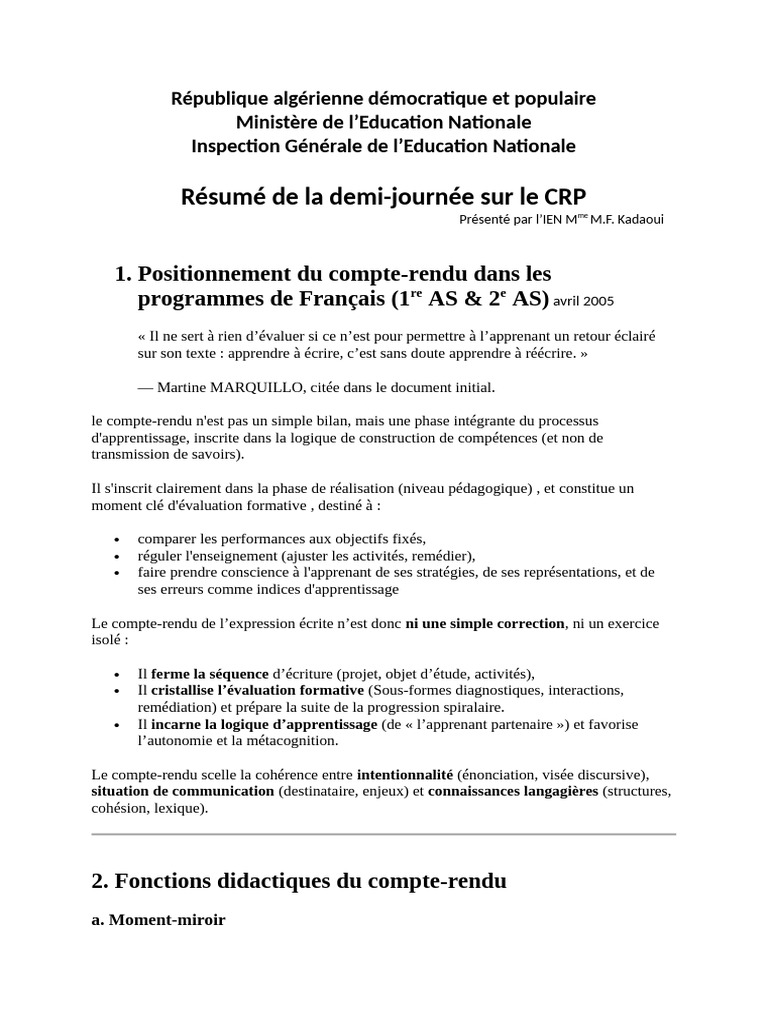 Le Compte Rendu de La Production Écrite | PDF | Apprentissage | Pédagogie
