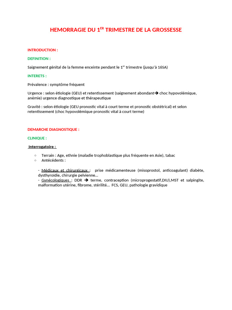 Hémorragie du 1er trimestre de grossesse | PDF | Santé des femmes ...