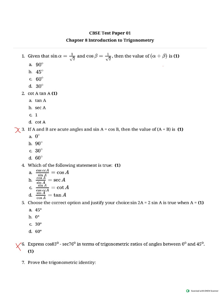 Trigonometry Test -1, | PDF | Trigonometry | Trigonometric Functions