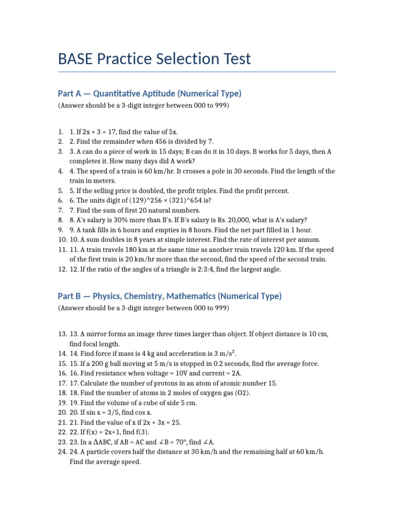 BASE Practice Selection Test Answers | PDF | Force | Mass