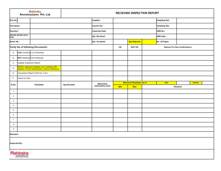 MASPL QAD F01 Recieving Inspection Report | PDF
