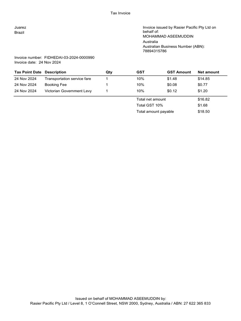 Tax Invoice for Transportation Services | PDF