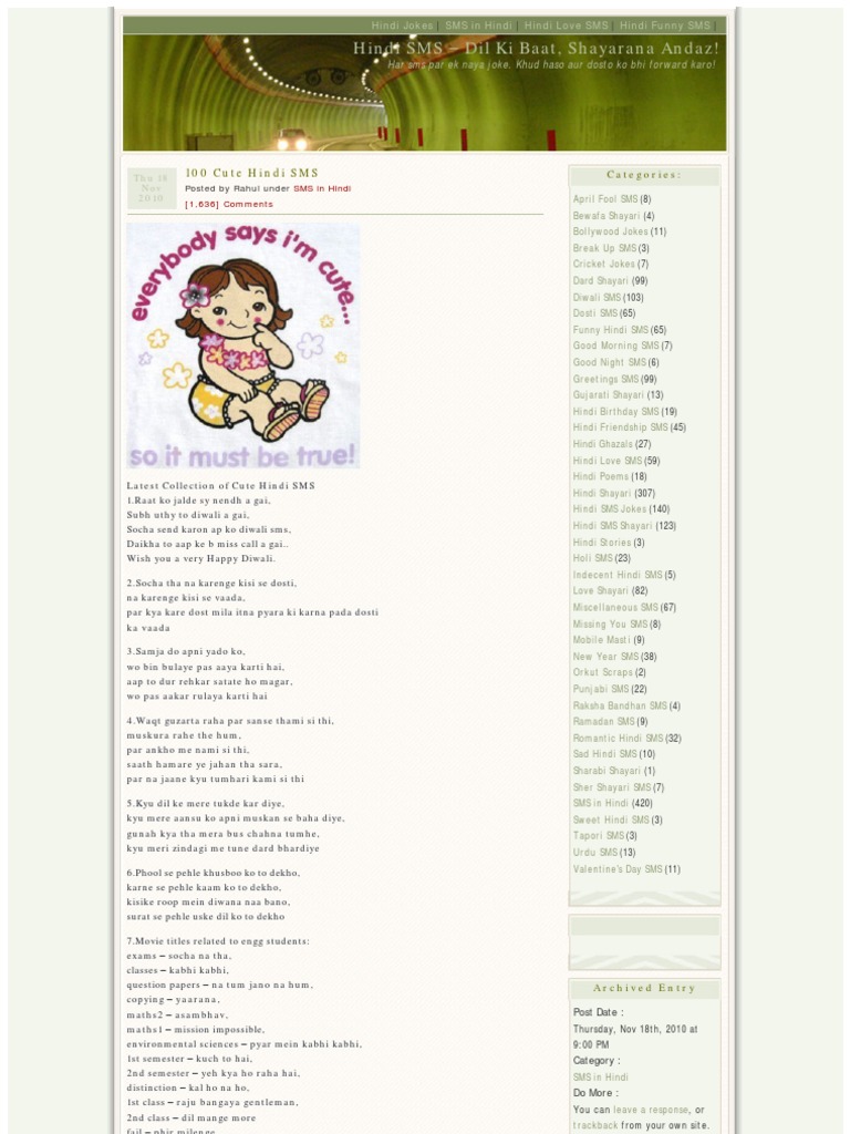 100 Cute Hindi SMS | PDF, image size:768x1024