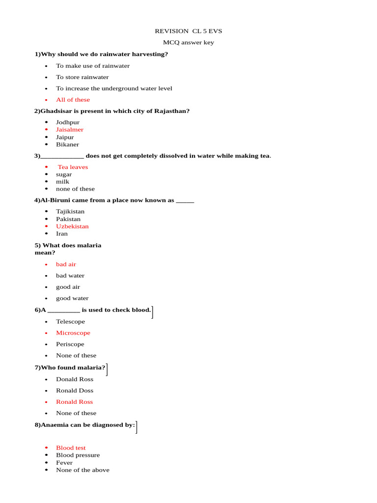 MCQ Answer Key for Revision CL 5 EVS | PDF