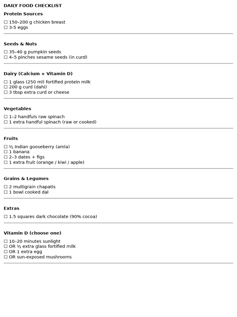 Daily Food Checklist for Balanced Nutrition | PDF