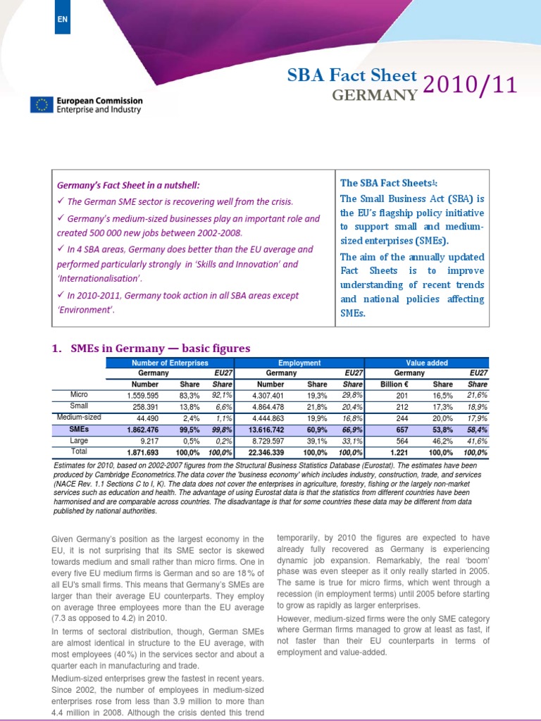 SBA Fact Sheet Germany PDF Entrepreneurship Small And Medium
