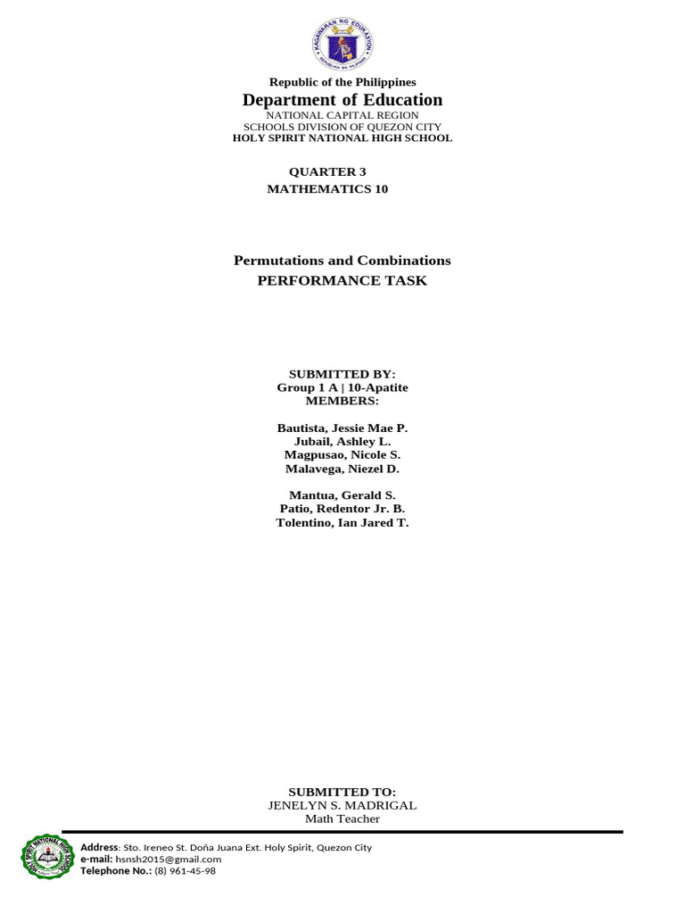 Math 10 Performance Task: Permutations & Combinations | PDF | East Asia ...