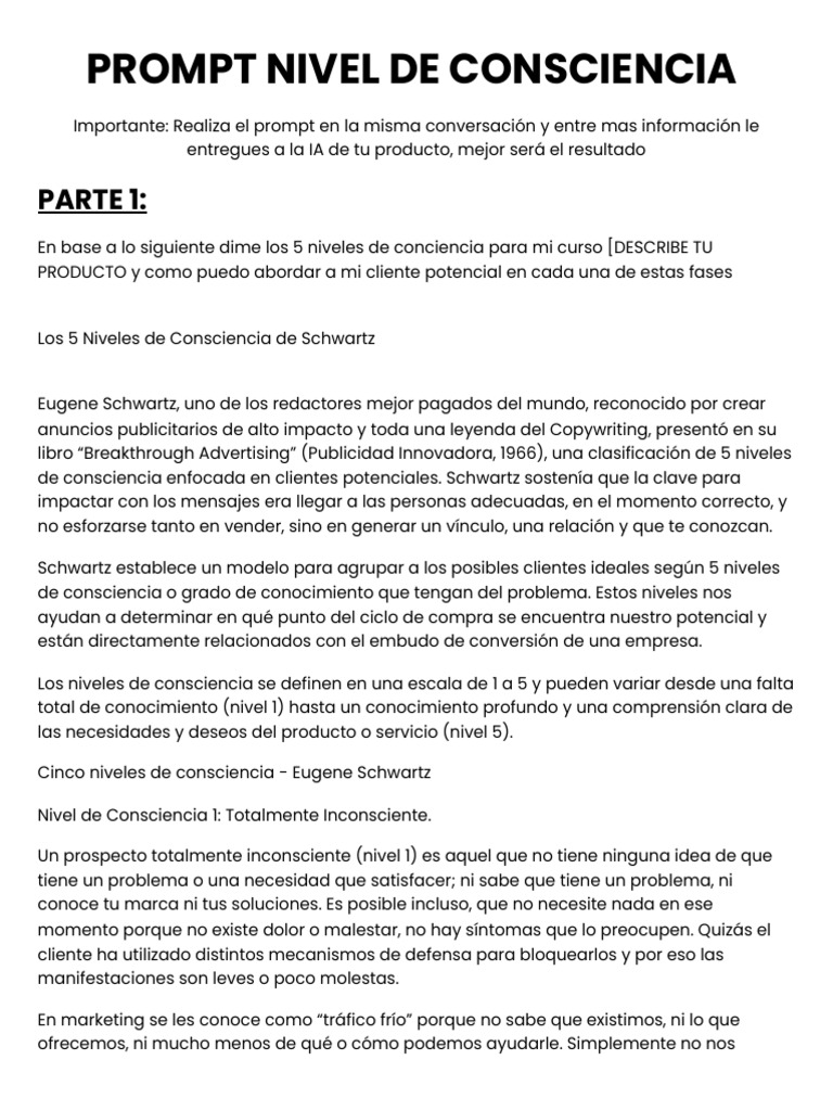 Prompt Niveles de Conciencia | PDF | Producto (Negocio) | Cliente