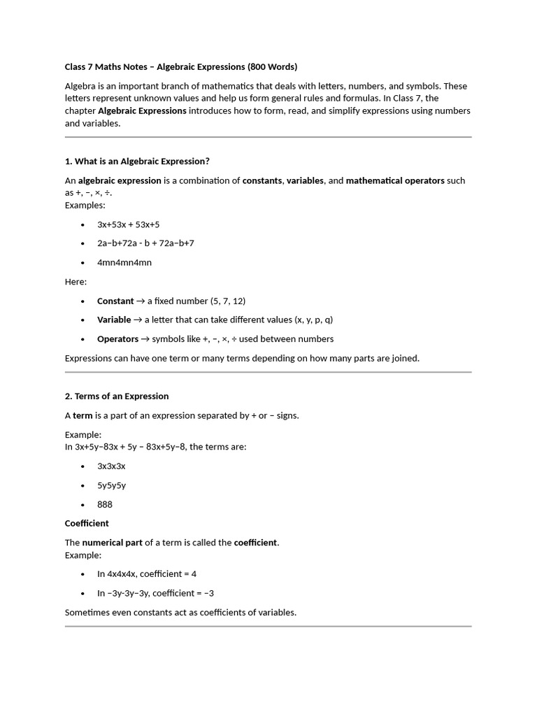 Class 7 Algebraic Expressions Guide | PDF | Variable (Mathematics ...