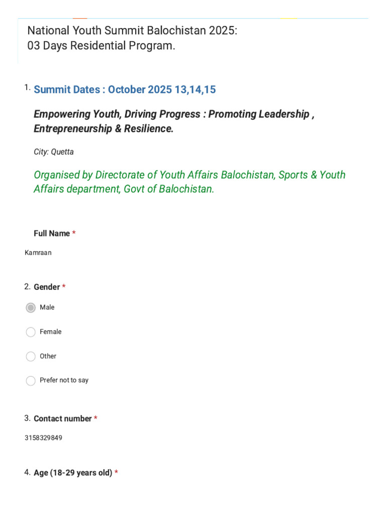 National Youth Summit Balochistan 2025 - 03 Days Residential Program. | PDF