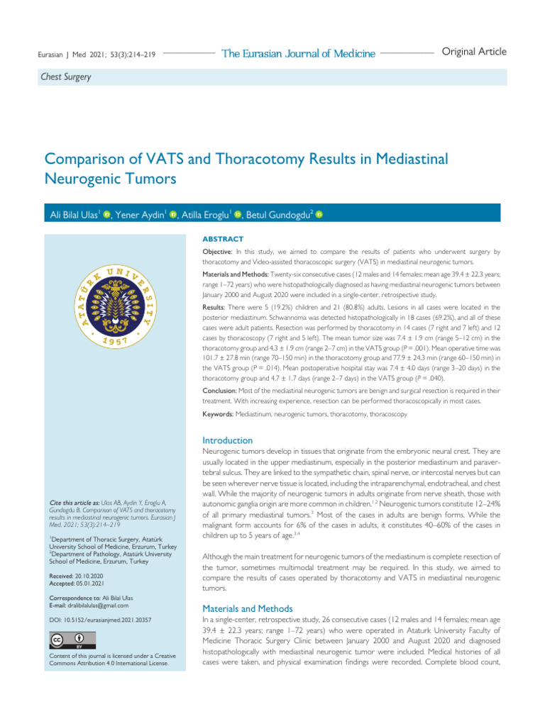 VATS vs Thoracotomy in Mediastinal Tumors | PDF | Radiography | Ct Scan