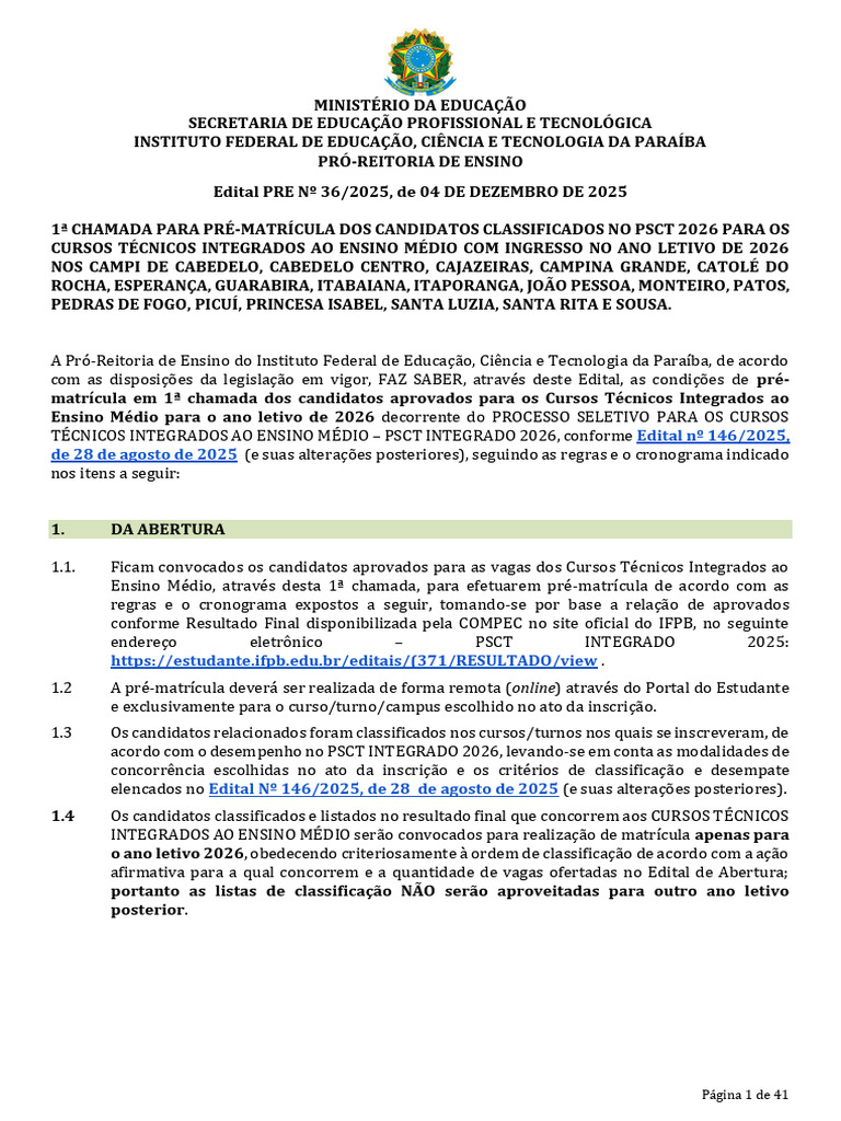 Pré-Matrícula PSCT 2026 IFPB: Edital 36/2025 | PDF | Desenvolvimento ...