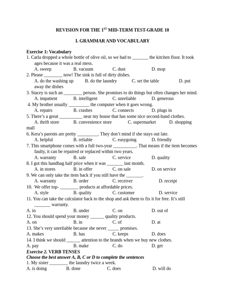 Grade 10 Mid-Term Test Revision Guide | PDF