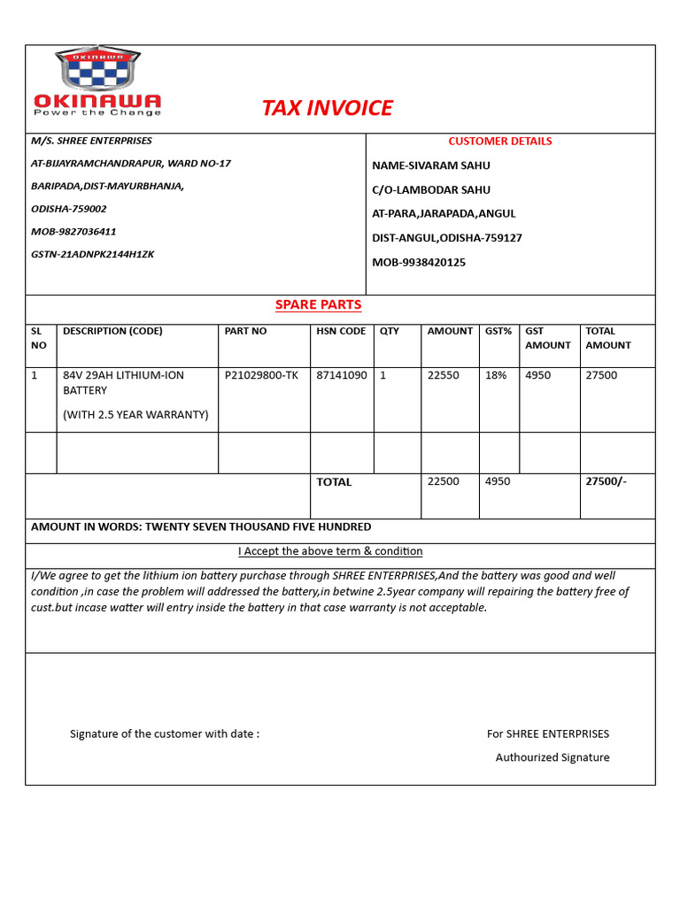 Tax Invoice for Lithium-Ion Battery Purchase | PDF