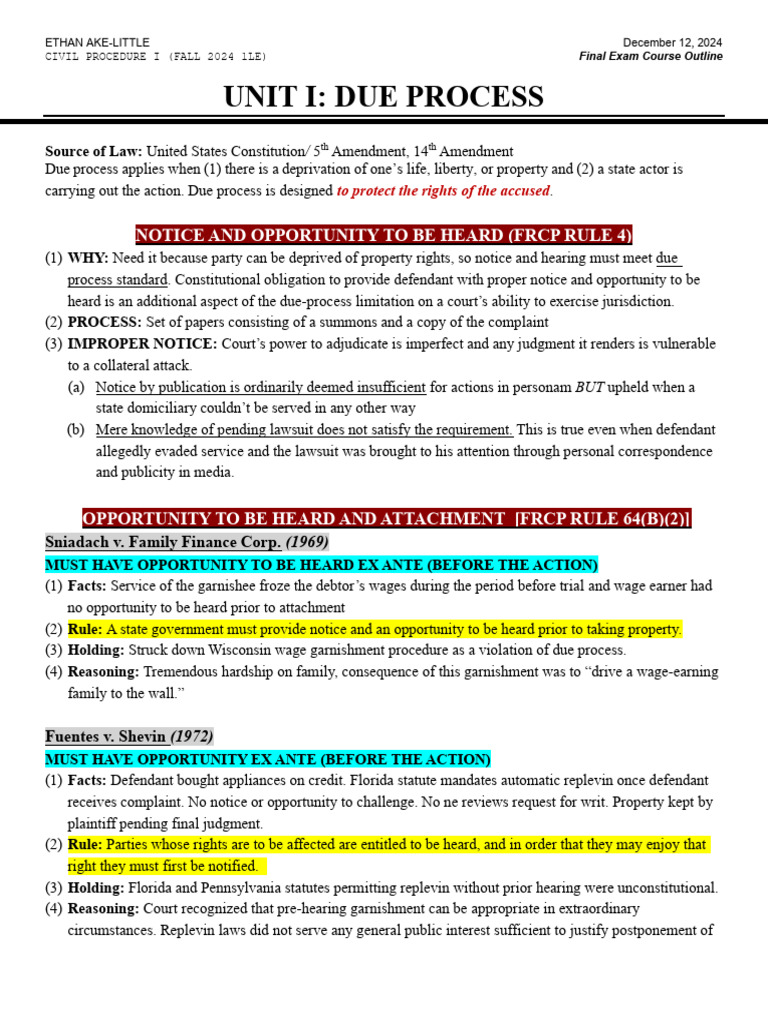 Civil Procedure I Final Exam Outline | PDF | Summary Judgment | Federal ...