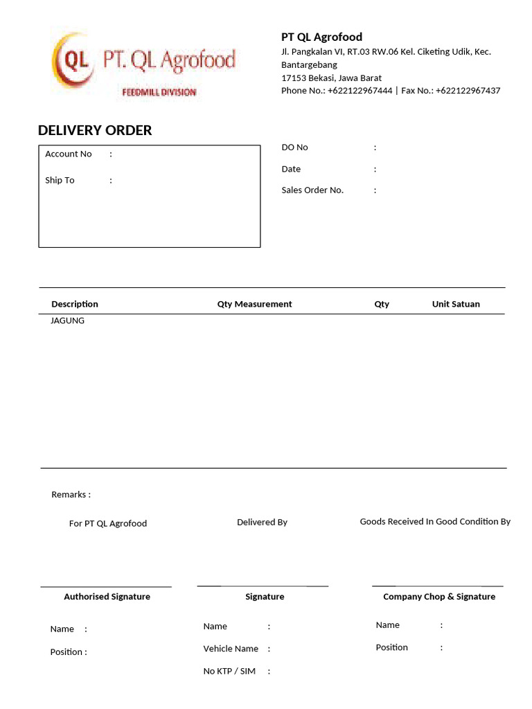 PT QL Agrofood Delivery Order Form | PDF