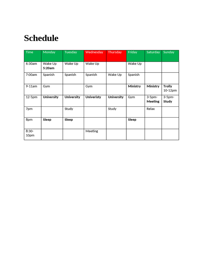 Weekly Schedule Overview | PDF