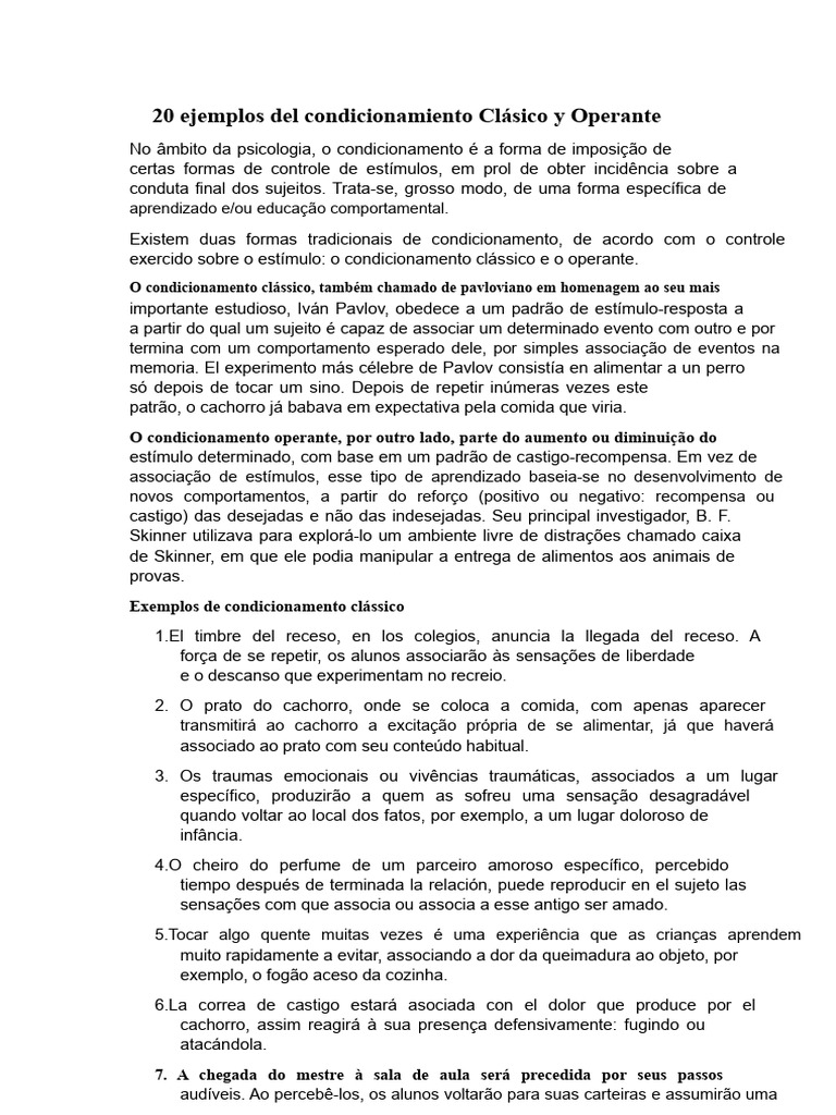 Exemplos de Condicionamento Clássico e Operante | PDF | Condicionamento ...