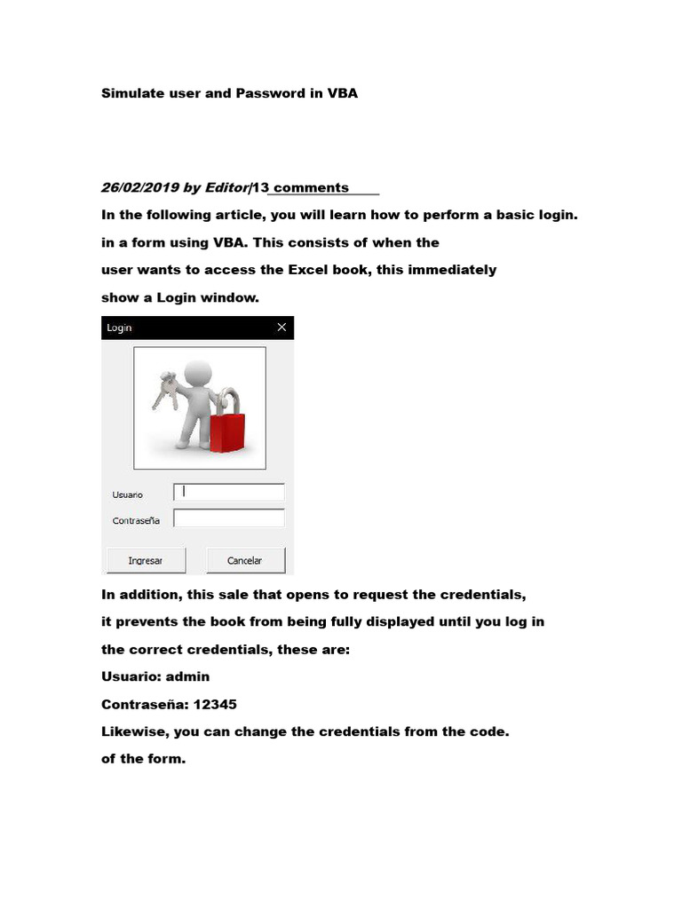 VBA User Login Simulation Guide | PDF | Microsoft Excel | Password