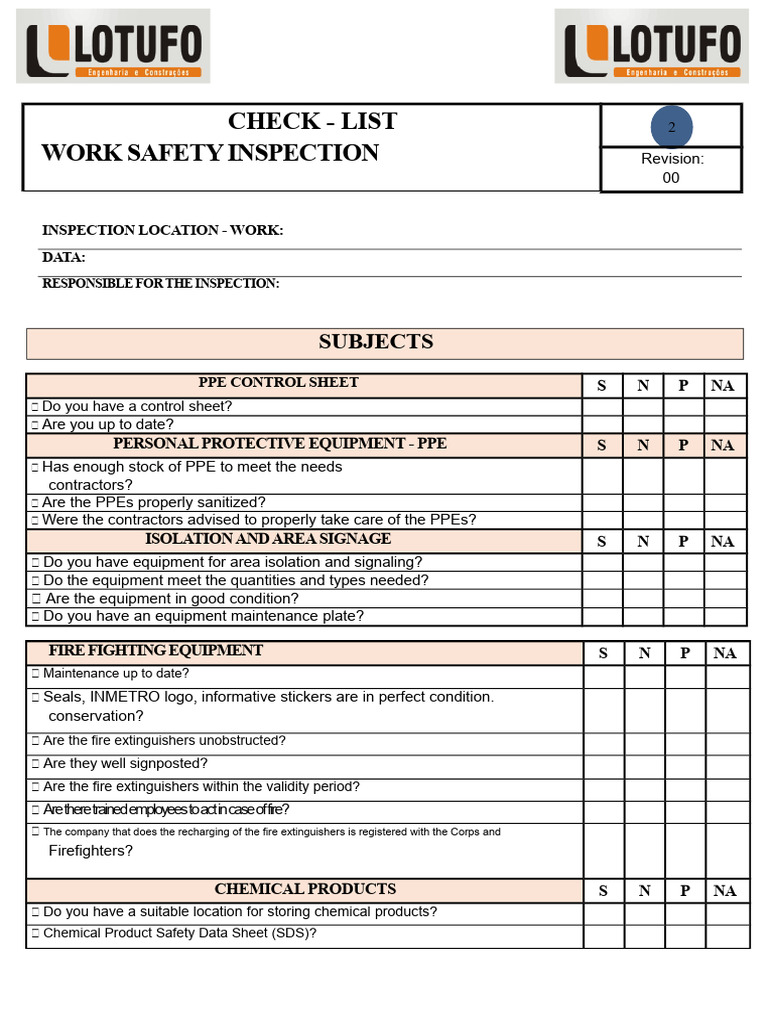 Work Safety Inspection Checklist | PDF | Personal Protective Equipment ...