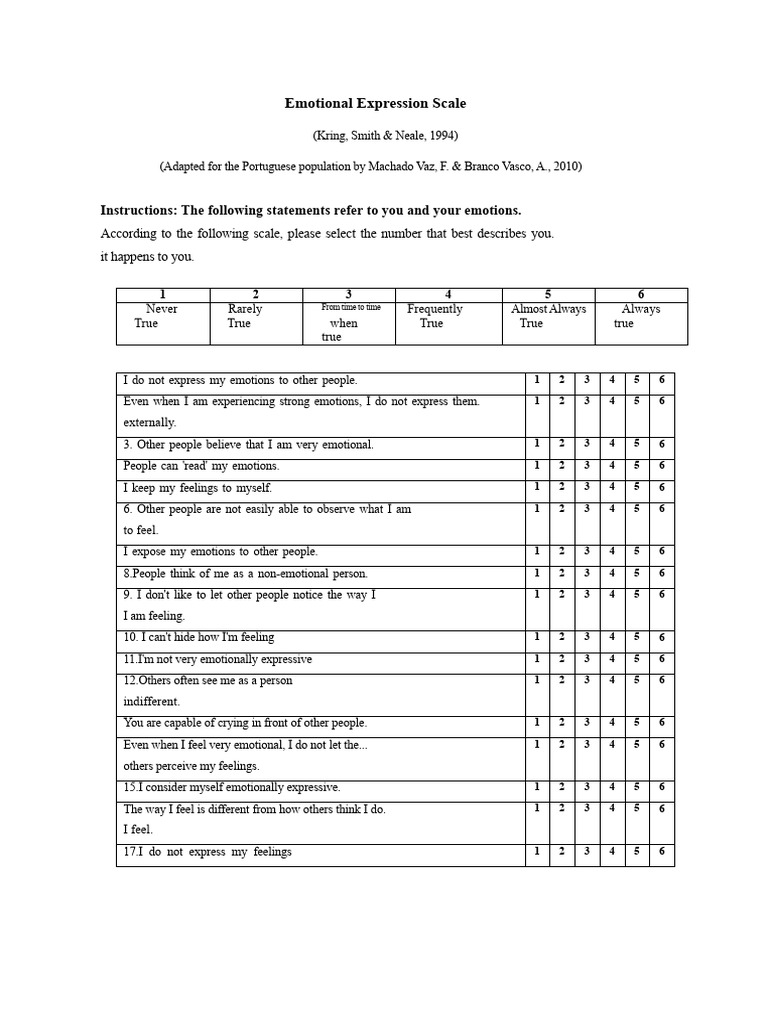 Emotional Expression Scale Overview | PDF | Psychology | Psychological ...