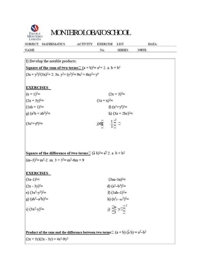 Mathematics Notable Products Exercises | PDF | Algebra | Discrete ...