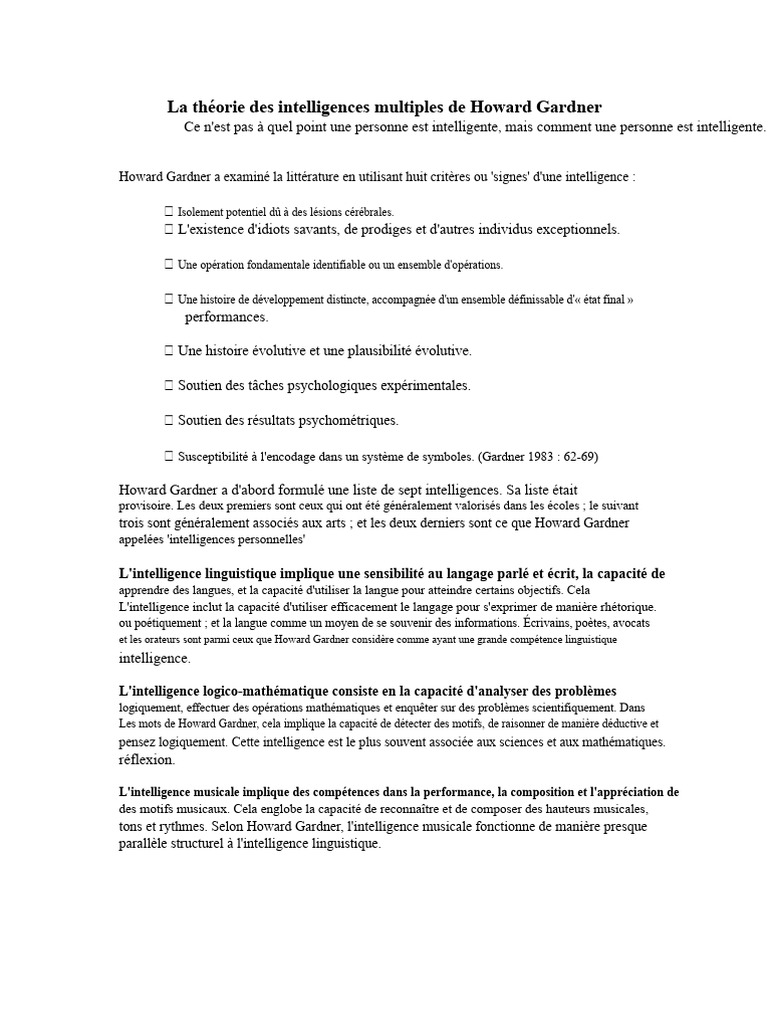 Théorie des intelligences multiples de Gardner | PDF | Intelligence ...