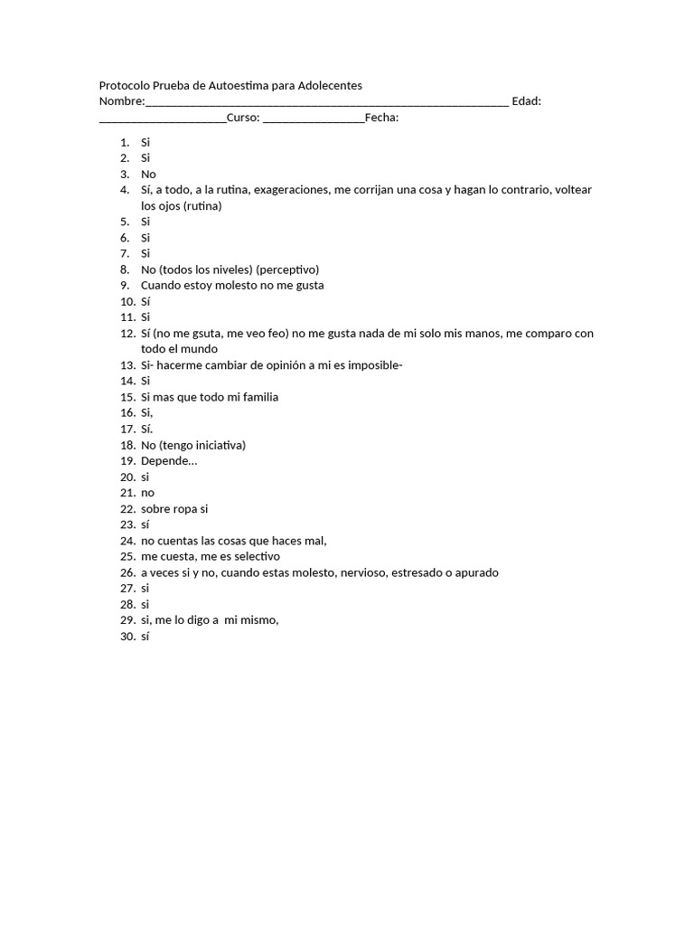 Protocolo de Autoestima para Adolescentes | PDF