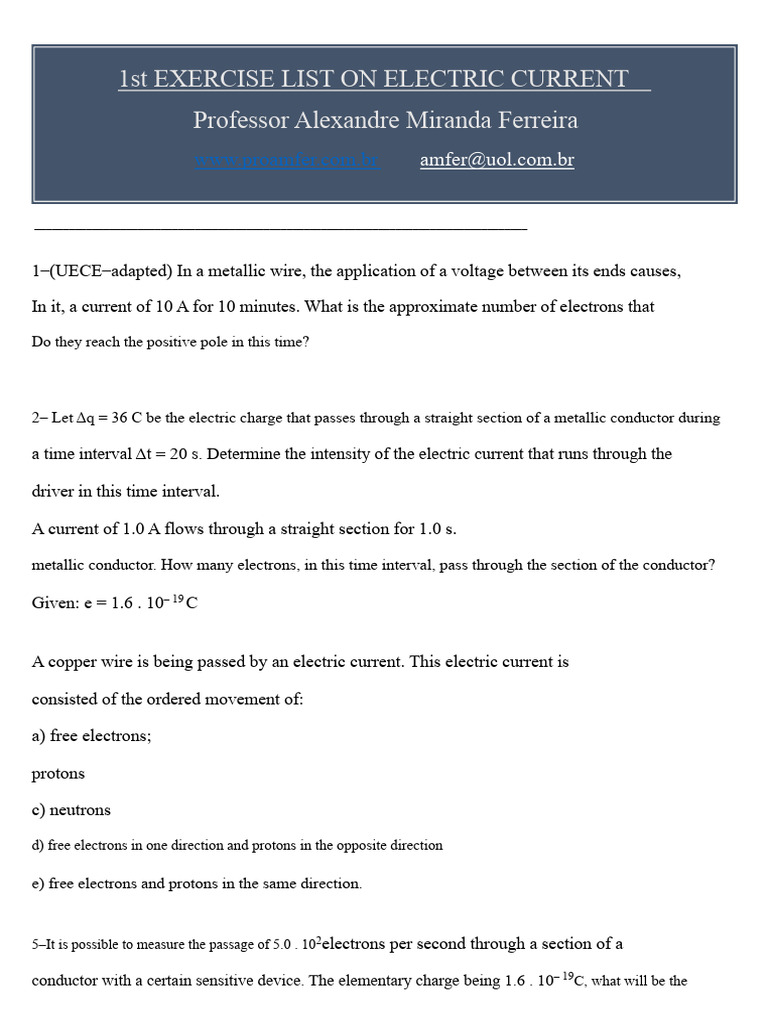 Electric Current Exercises and Solutions | PDF | Electric Current ...