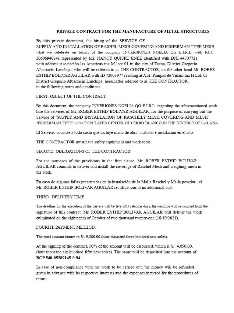 Private Contract For The Supply and Installation of The Raschely Mesh ...