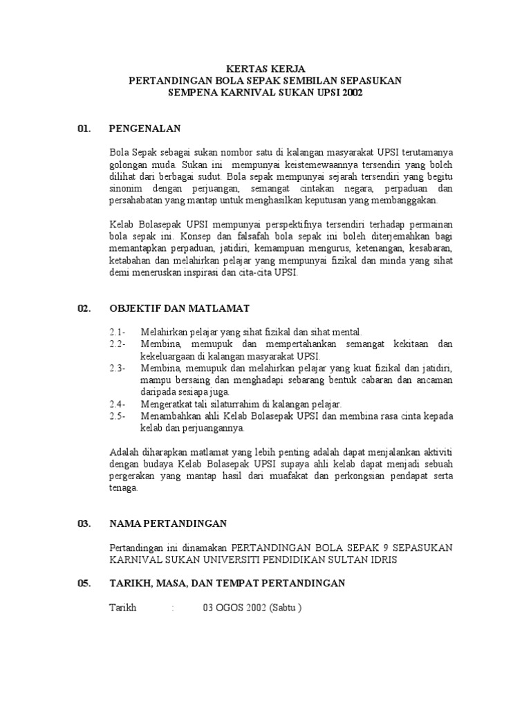 Contoh Kertas Kerja Bola Sepak