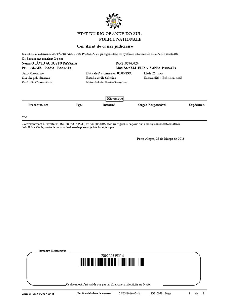 Certificat de casier judiciaire - Otávio Passaia | PDF