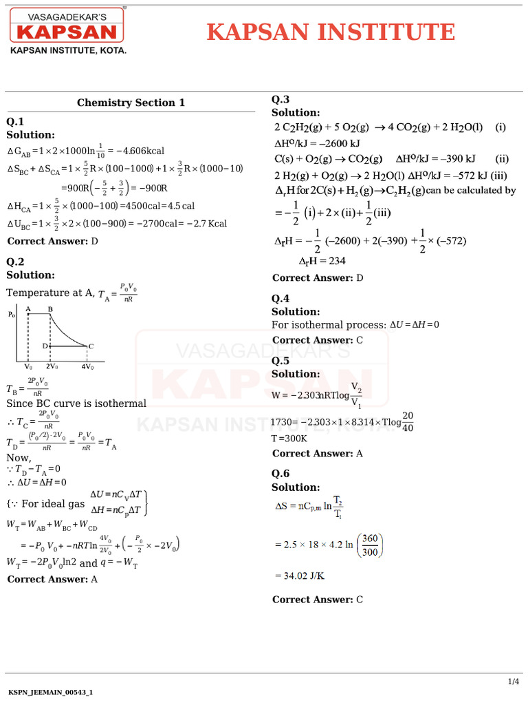 Chemistry Solutions for JEE Main Exam | PDF | Physical Chemistry ...