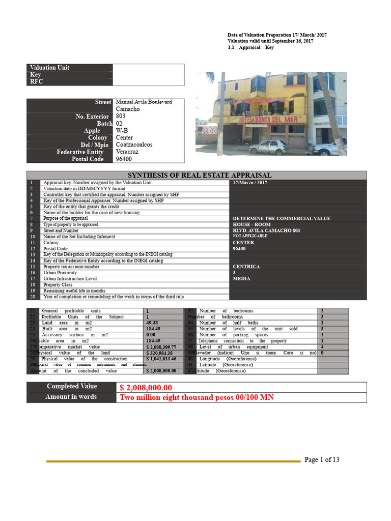 Appraisal Format HOUSE - ROOM COATZA | PDF | Real Estate Appraisal ...