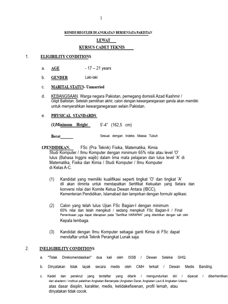 Syarat dan Prosedur Pendaftaran Kadet Teknik Pakistan | PDF