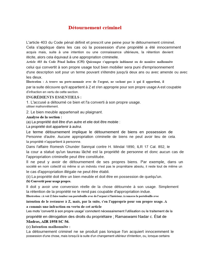 Détournement criminel selon le Code pénal | PDF | Crimes | Crime et ...