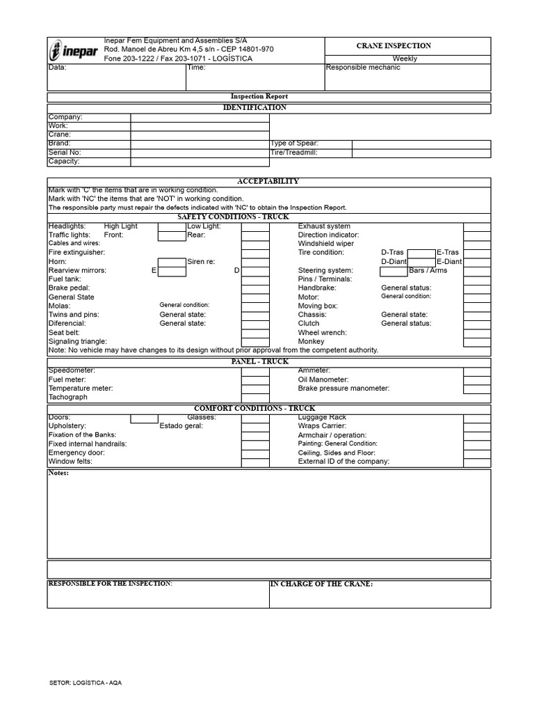 Weekly Crane Inspection Report Template | PDF | Crane (Machine) | Truck