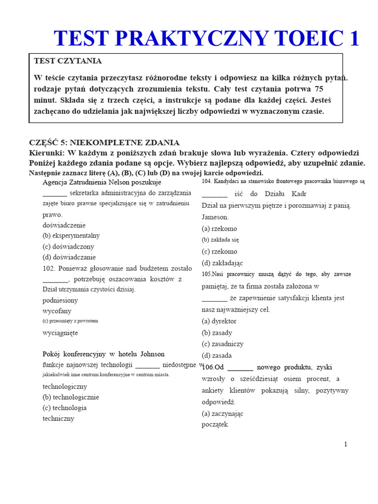 Test Praktyczny TOEIC 1 | PDF