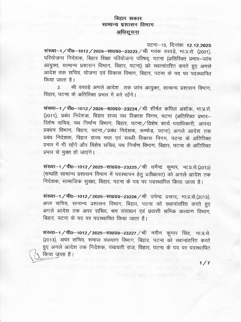 Bihar Government IAS Transfer List | PDF