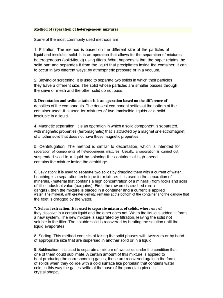 Method of Separation of Heterogeneous Mixtures | PDF | Distillation ...