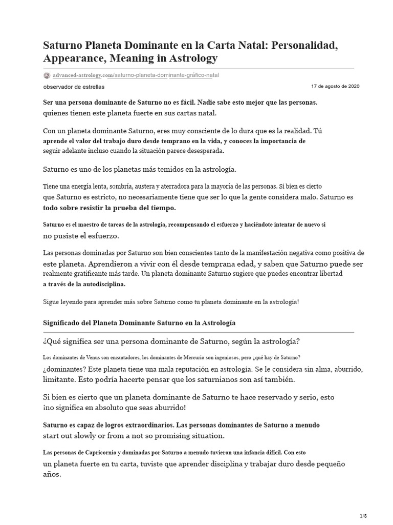Planeta Dominante Saturno en La Carta Natal Personalidad Apariencia ...