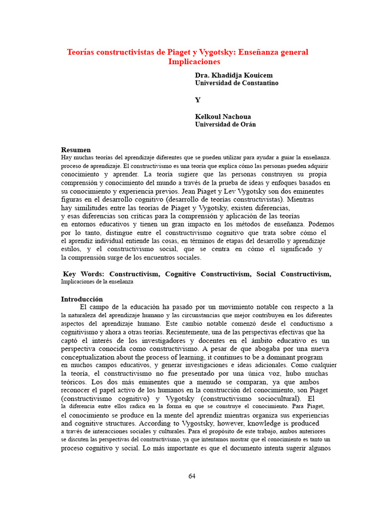 Teorías constructivistas de Piaget y Vygotsky | PDF | Constructivismo ...