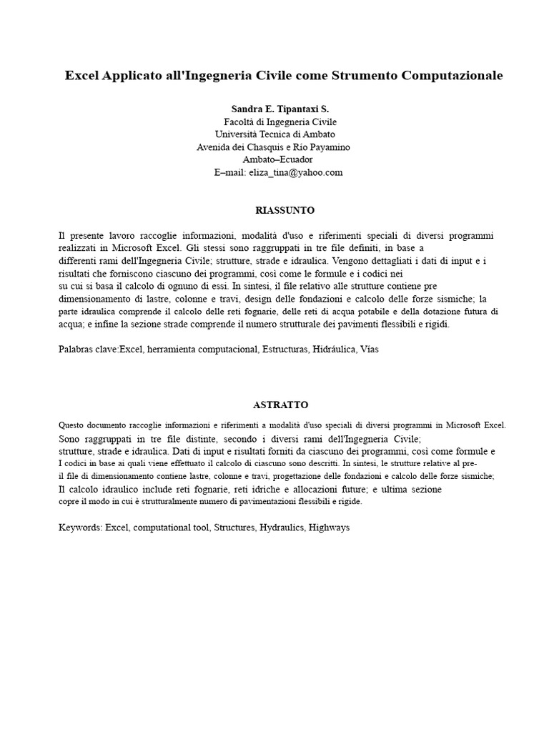 Excel Applicato All'ingegneria Civile Come Strumento Computazionale | PDF