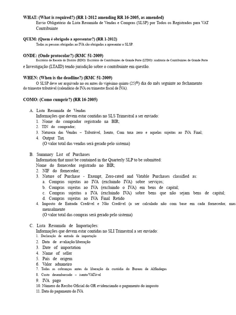 Requisitos para Envio da SLSP IVA | PDF | Imposto sobre Valor Agregado ...